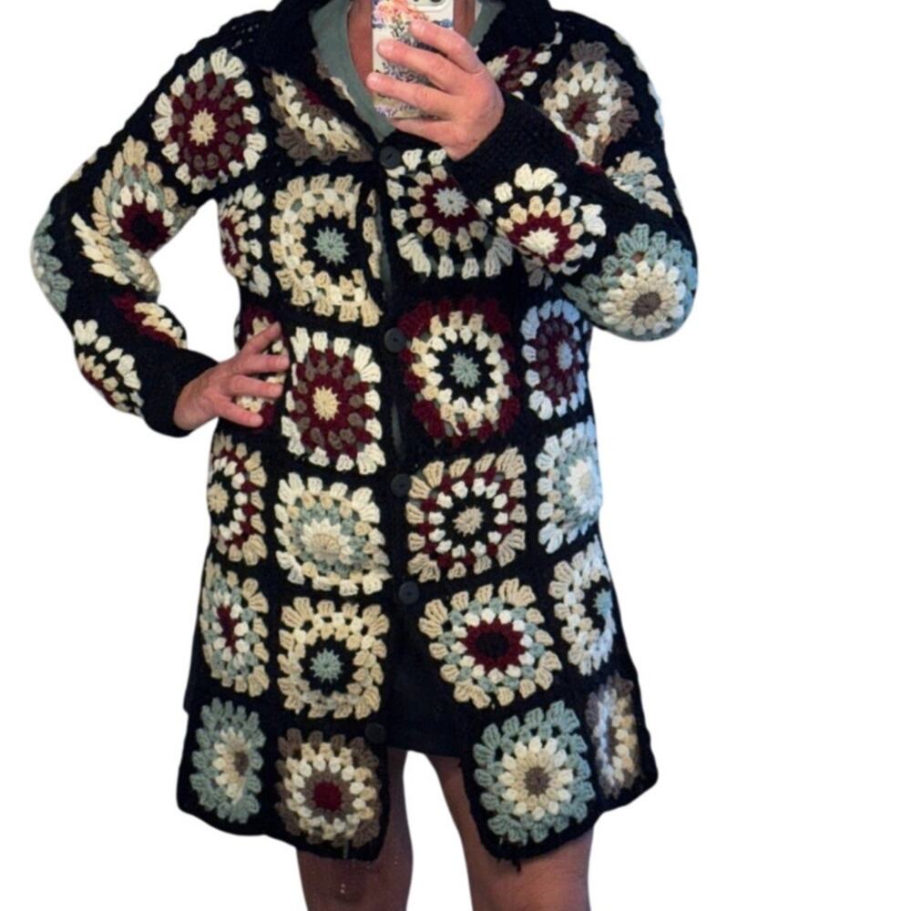Women’s Black Multicolor Crochet Granny Square Long Cardigan Coat Button Front